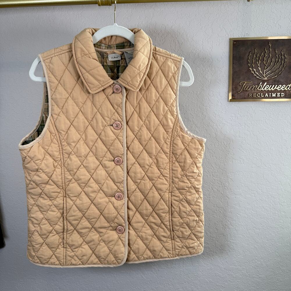 Women's L.L. Bean Tan Quilted Cotton Blend Button Front Vest Size Large‎
